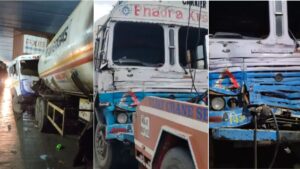 Three separate images showing the vehicles involved in accident on Mumbai Pune Expressway
