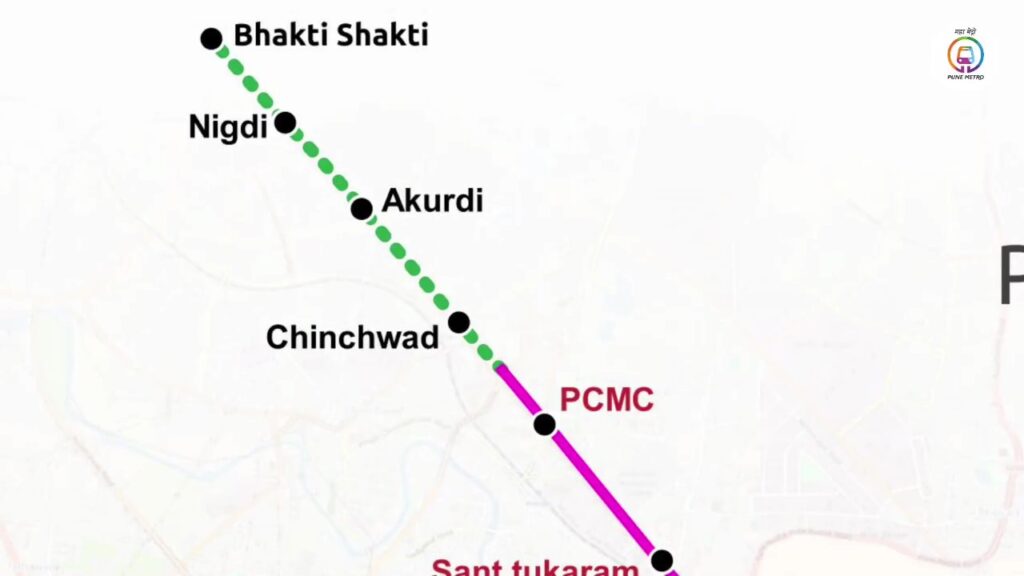 A map showing PCMC to Nigdi Metro Extension Route