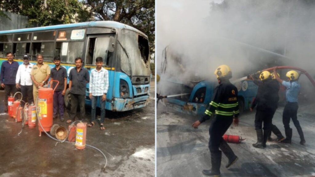 PMPML Bus catches fire at Swargate