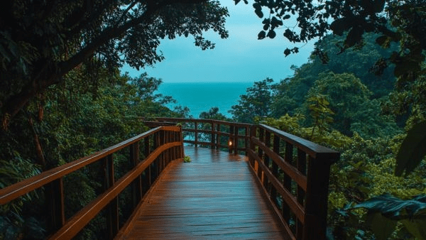 Elevated forest walkway in Mumbai, showcasing views of Malabar Hill forest and the Arabian Sea